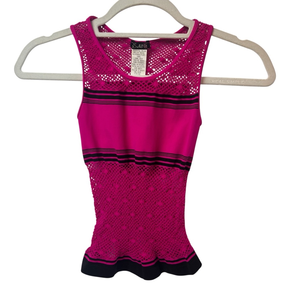 Sele Stretchy Crochet Tank Top Pink Black One Size